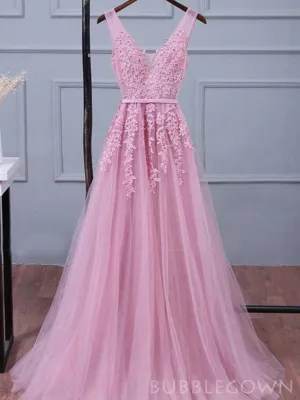 A-line Pink Tulle Appliques Long Evening Prom Dresses, V Neck Custom Prom Dress, MR8270