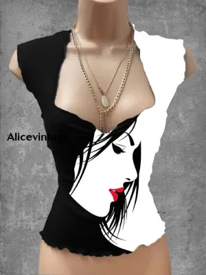 Abstract Human Face Art Print V-Neck Casual Top