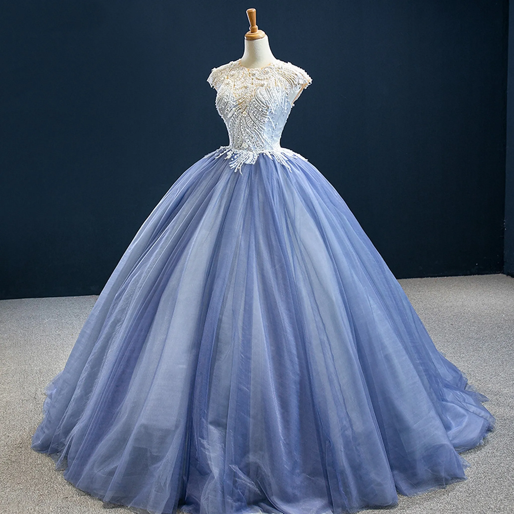 Annie Blue Beading Appliqué Ball Gown Evening Dress