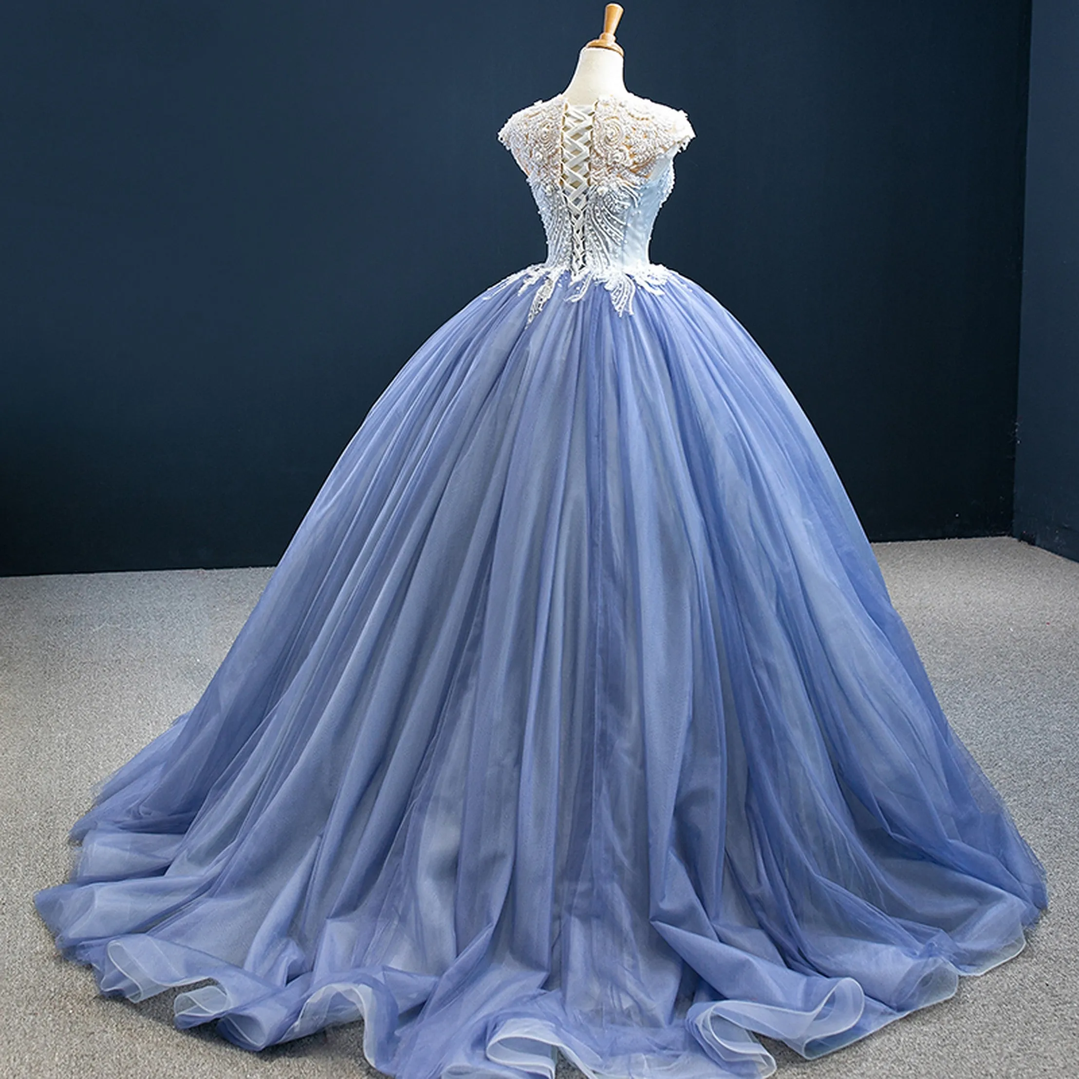 Annie Blue Beading Appliqué Ball Gown Evening Dress