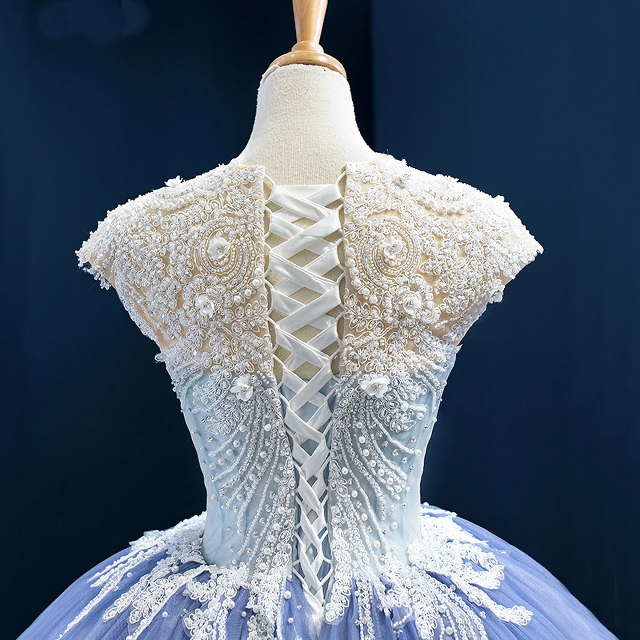 Annie Blue Beading Appliqué Ball Gown Evening Dress