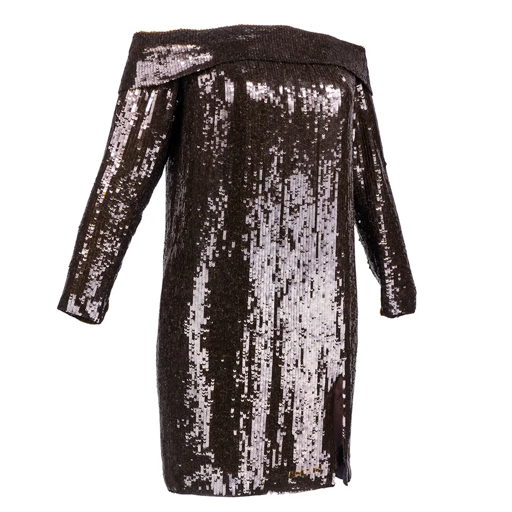 ANTHONY 80s Brown Sequin Off-Shoulder Dress