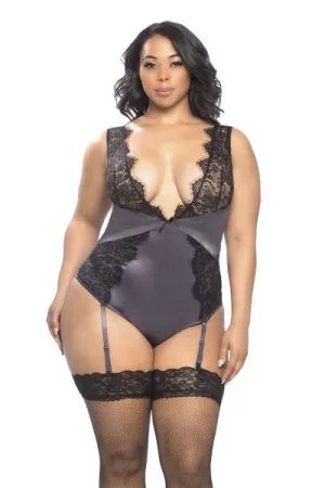 Arabella Eyelash Lace and Satin Teddy - Excalibur/Black - Size