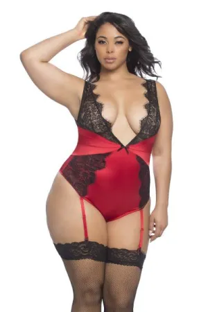 Arabella Eyelash Lace and Satin Teddy - Red/Black - Size