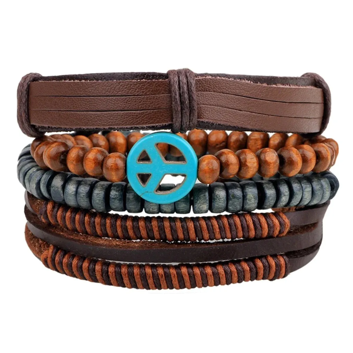 Artisan-Crafted Brown Leather Multi-Strand Wrist Band Bracelet for Men with Peace Symbol