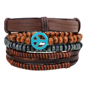 Artisan-Crafted Brown Leather Multi-Strand Wrist Band Bracelet for Men with Peace Symbol