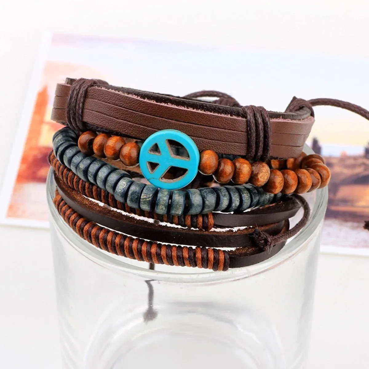 Artisan-Crafted Brown Leather Multi-Strand Wrist Band Bracelet for Men with Peace Symbol