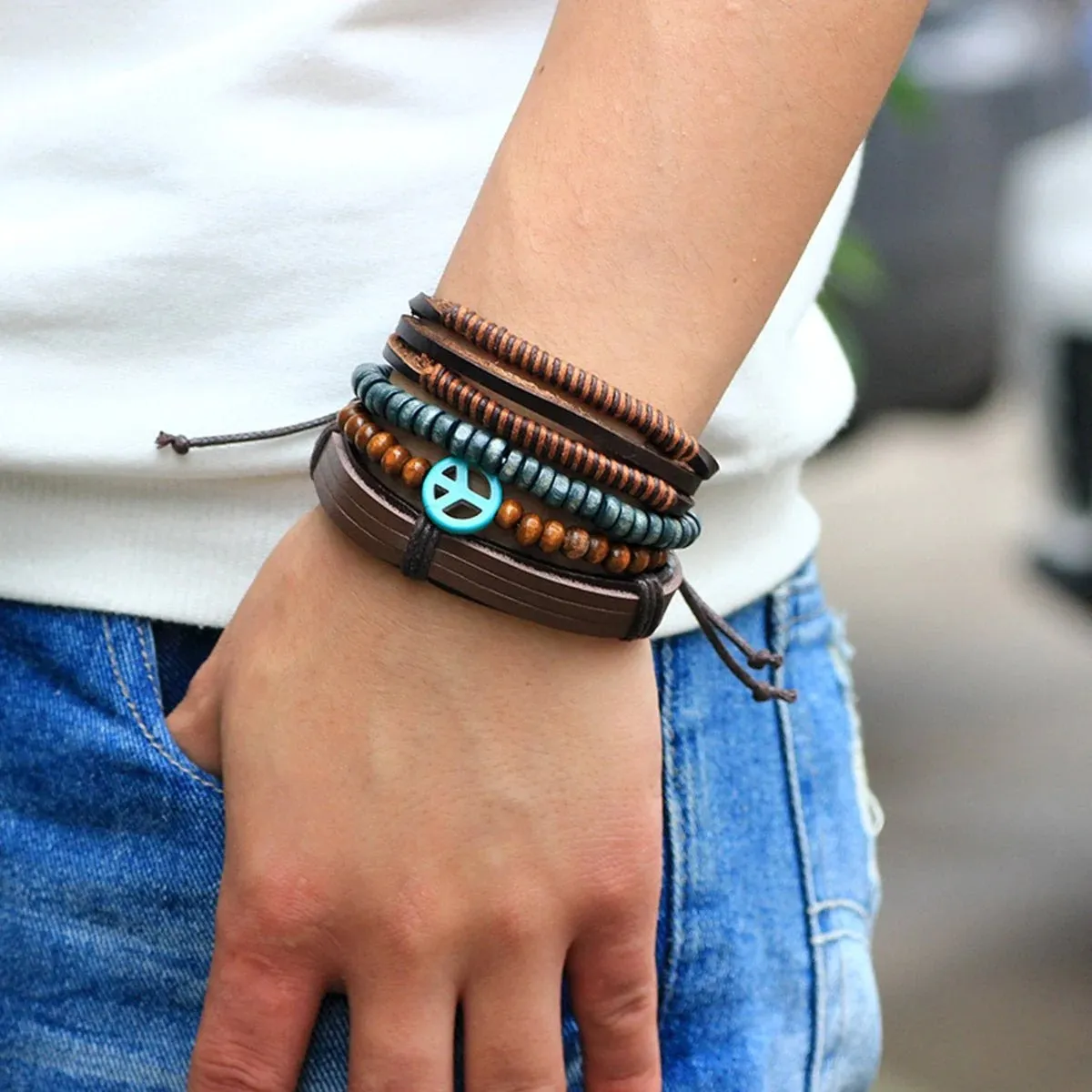 Artisan-Crafted Brown Leather Multi-Strand Wrist Band Bracelet for Men with Peace Symbol