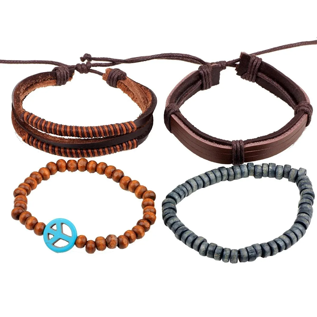 Artisan-Crafted Brown Leather Multi-Strand Wrist Band Bracelet for Men with Peace Symbol