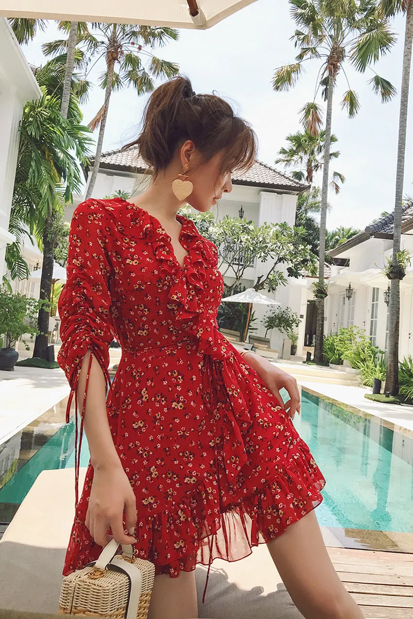 Aviva on Earth -Sleeve Drawstring Ruffle Hem Front Tie Short Dress