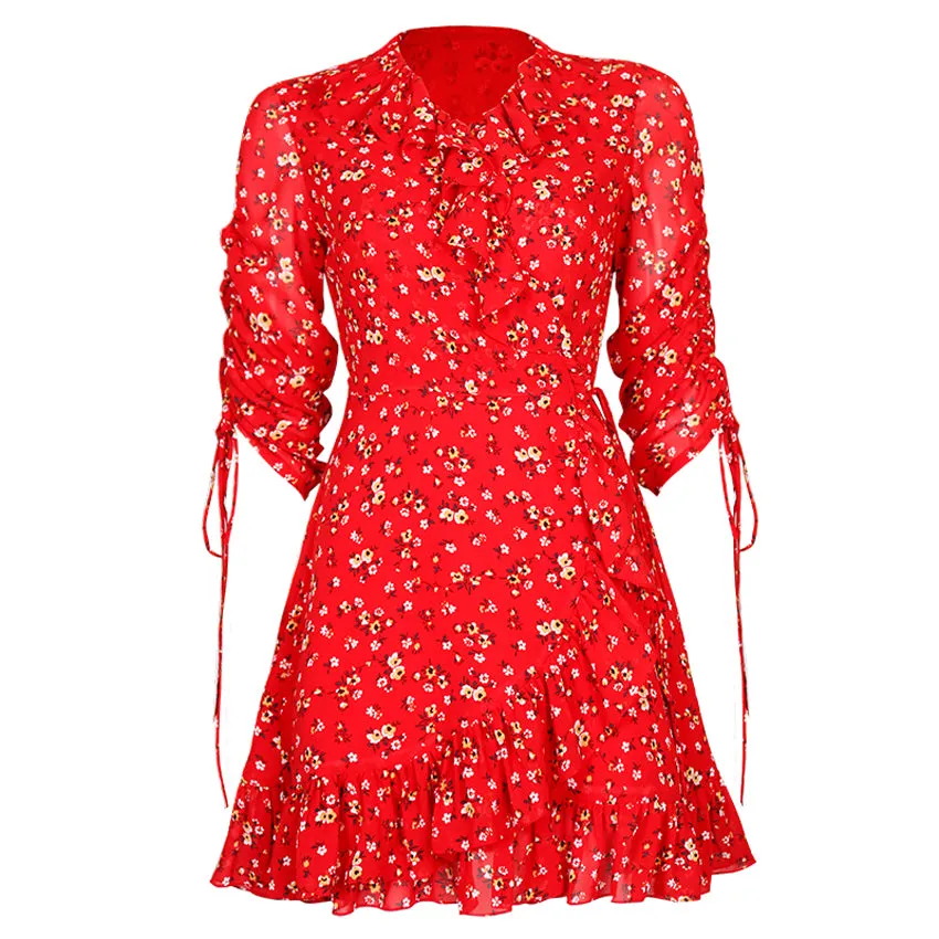 Aviva on Earth -Sleeve Drawstring Ruffle Hem Front Tie Short Dress