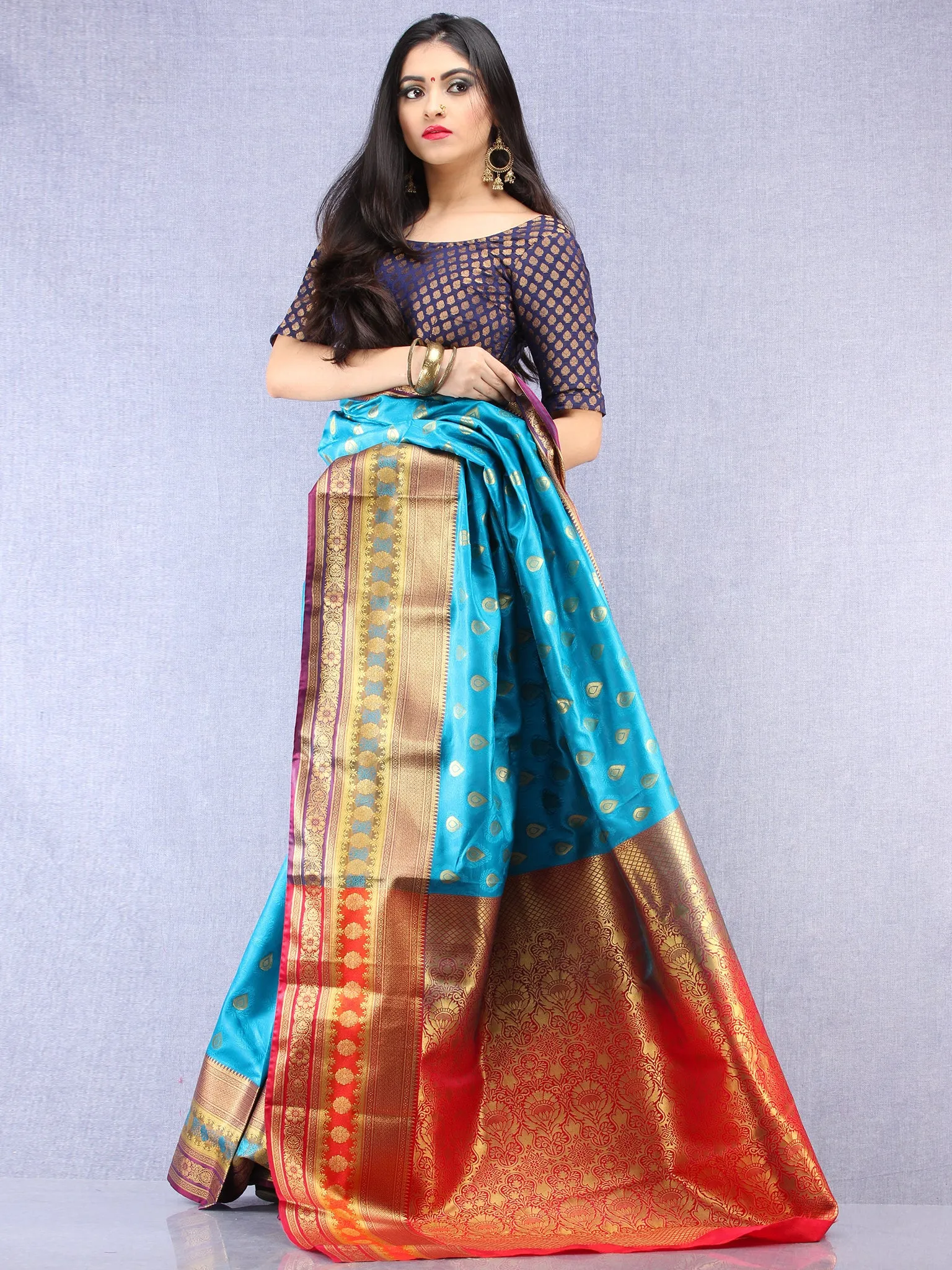 Banarasee Art Silk Saree With Resham Zari Weave - Sky blue Red & Gold - S031704380