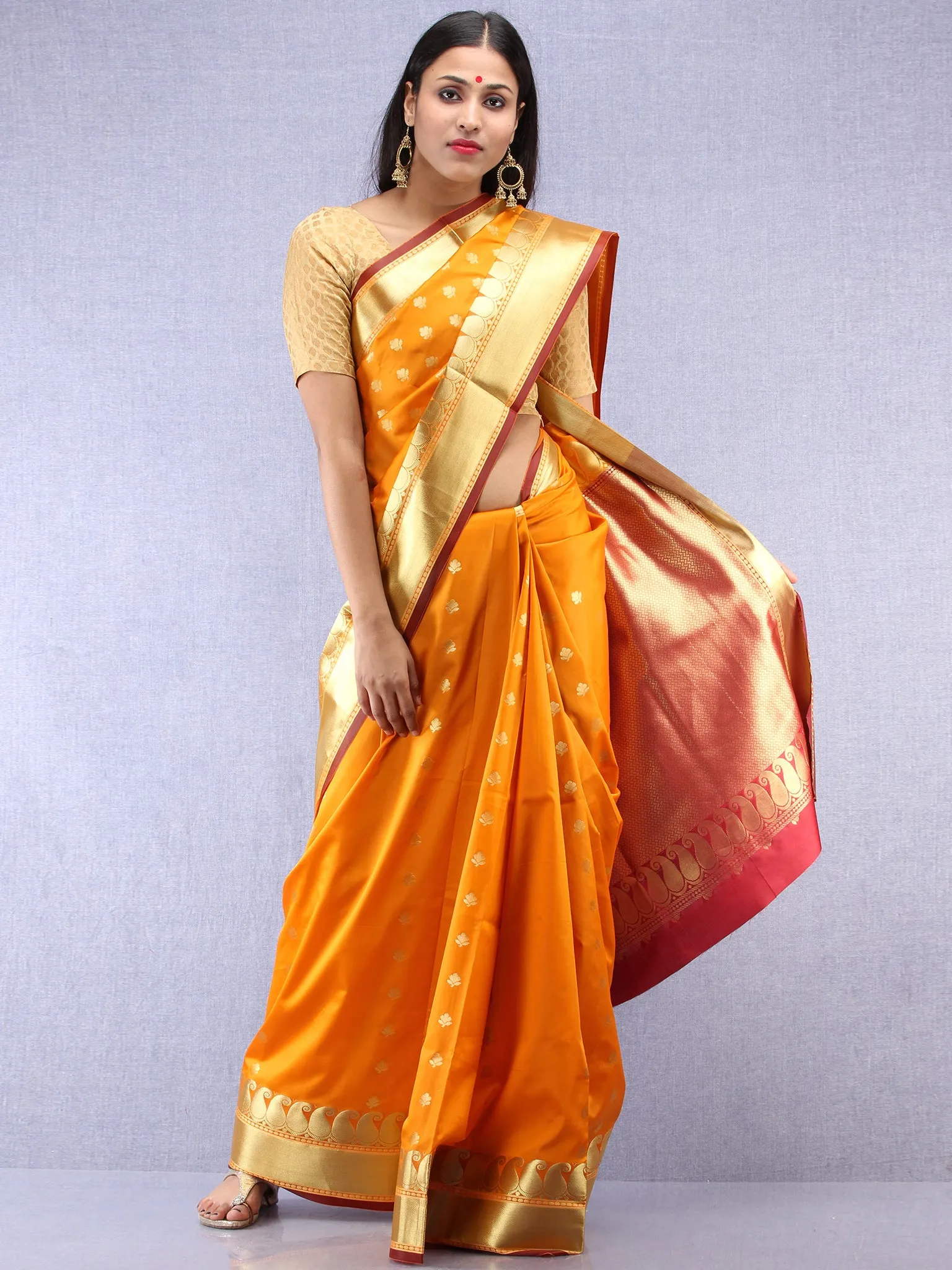 Banarasee Art Silk Saree With Zari Work - Mustard Yellow Maroon & Gold - S031704418