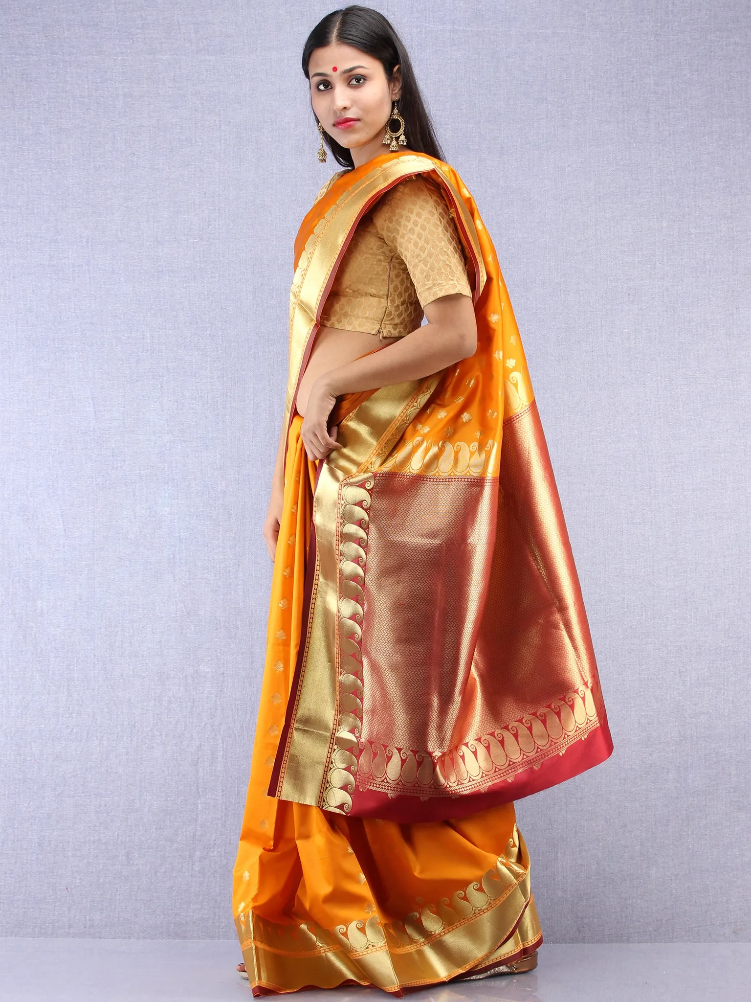 Banarasee Art Silk Saree With Zari Work - Mustard Yellow Maroon & Gold - S031704418