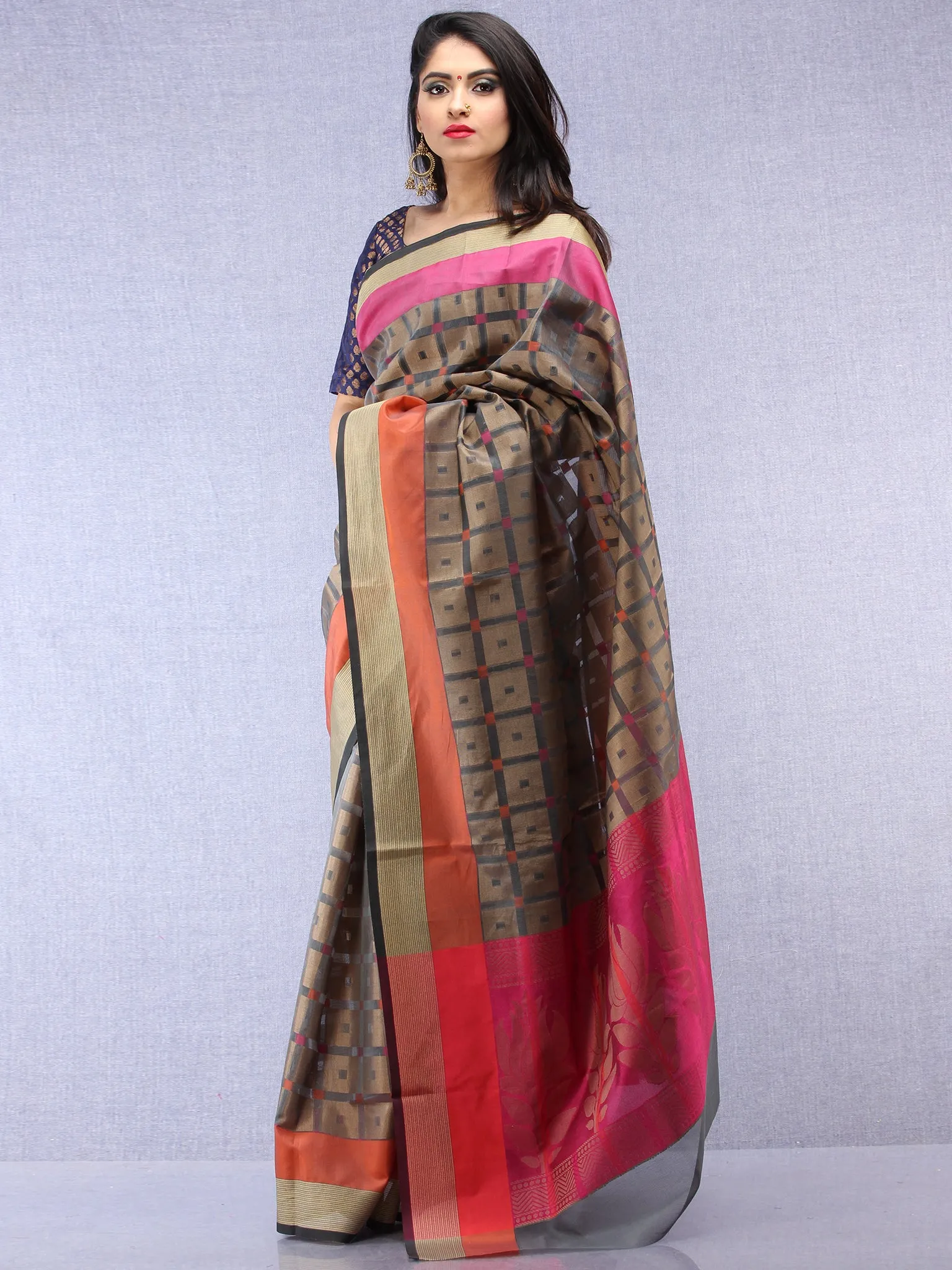 Banarasee Super Net Saree With Zari Border - Grey Pink & Antique Gold - S031704429