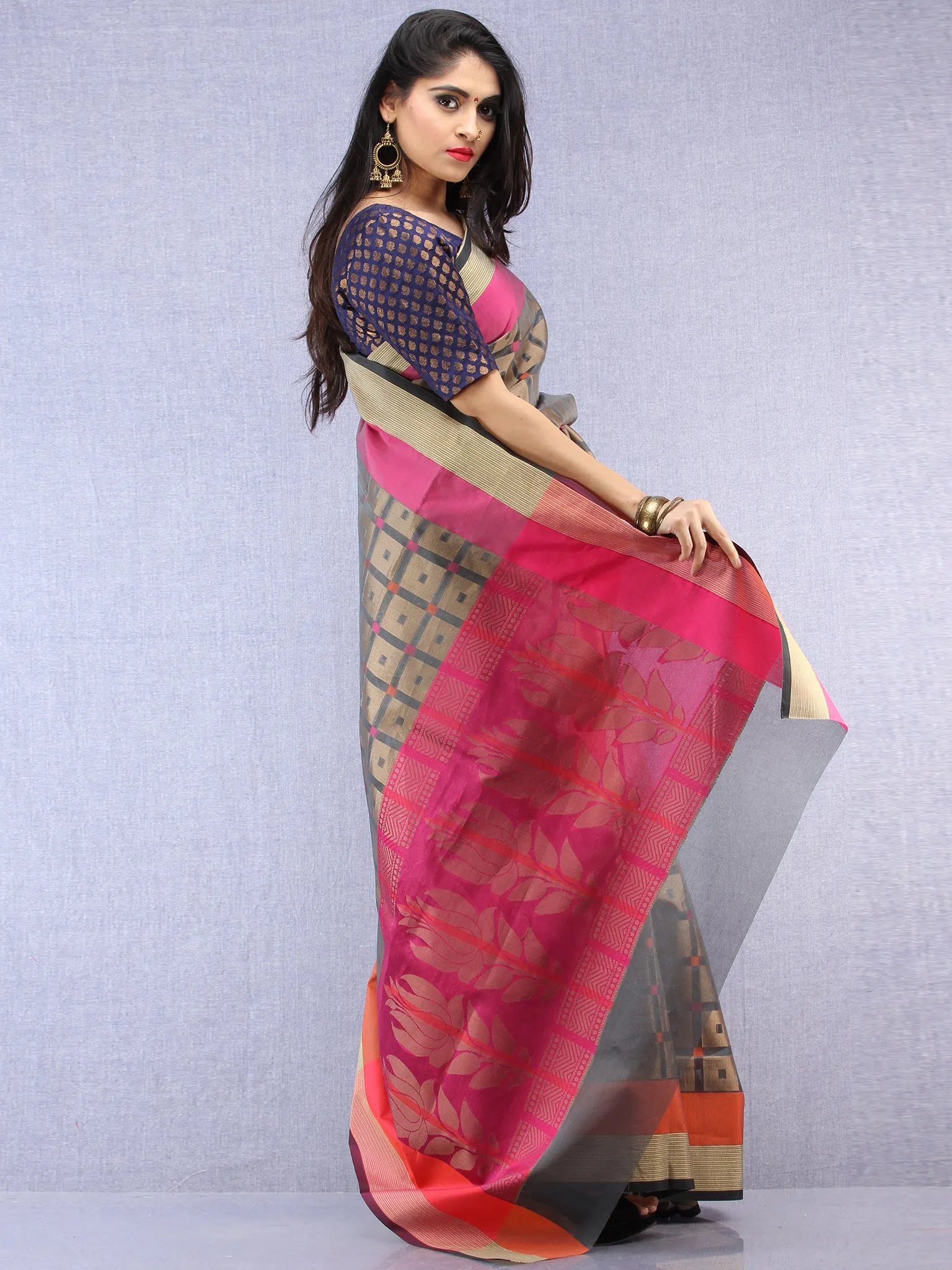 Banarasee Super Net Saree With Zari Border - Grey Pink & Antique Gold - S031704429