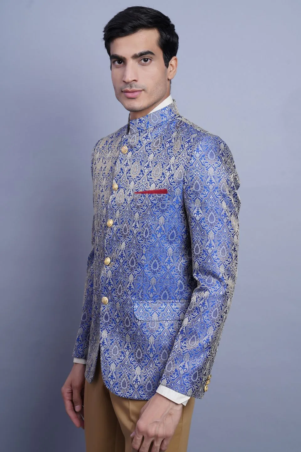 Banarasi Rayon Cotton Blue Bandhgala
