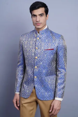 Banarasi Rayon Cotton Blue Bandhgala
