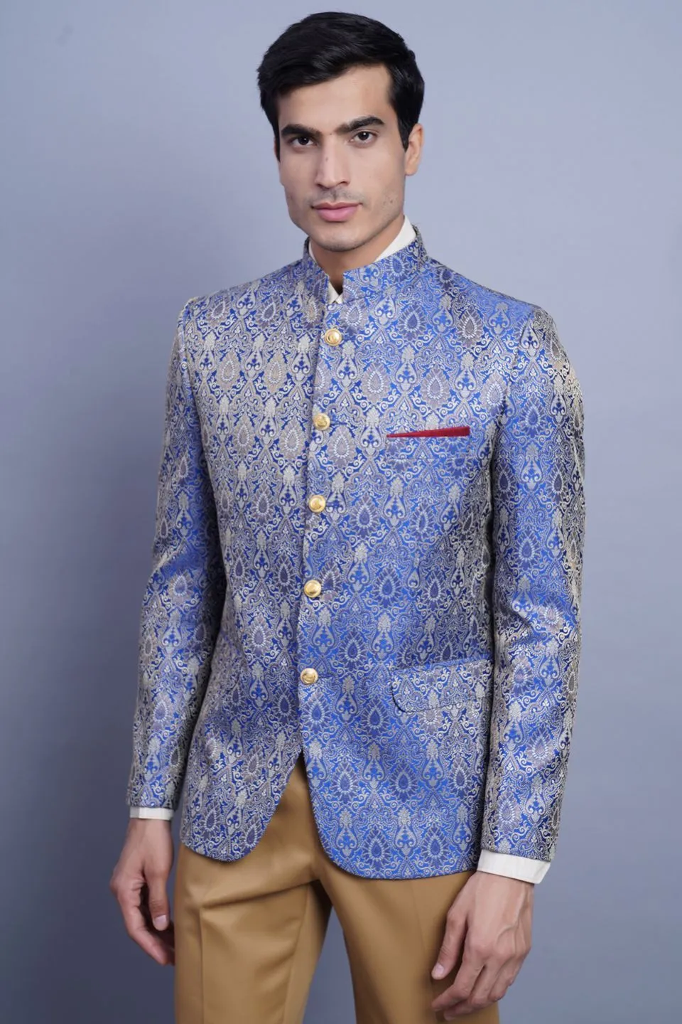 Banarasi Rayon Cotton Blue Bandhgala