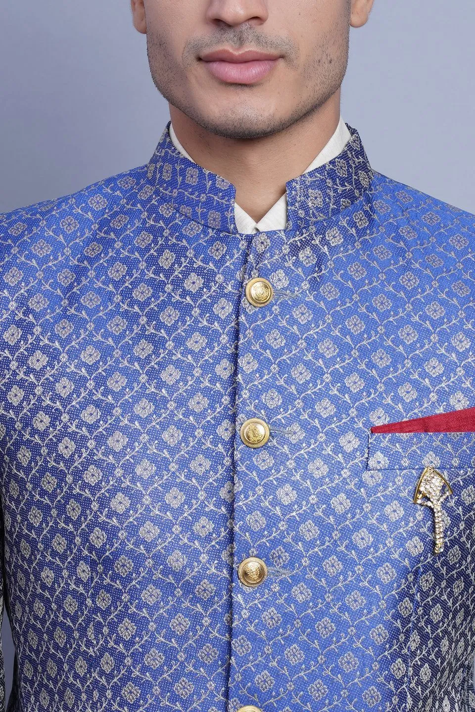 Banarasi Rayon Cotton Blue Bandhgala