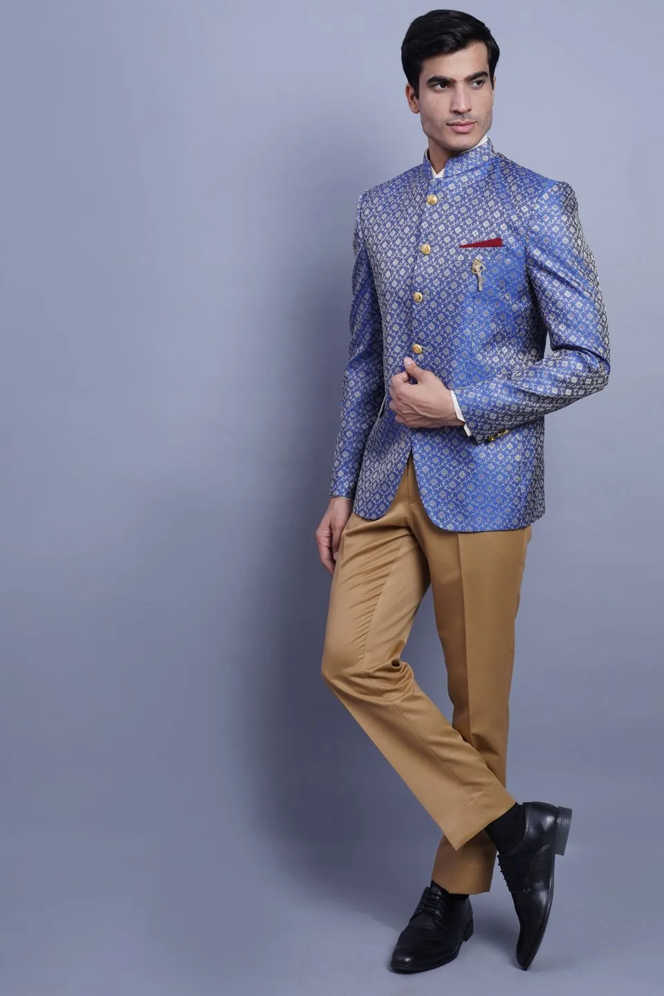 Banarasi Rayon Cotton Blue Bandhgala