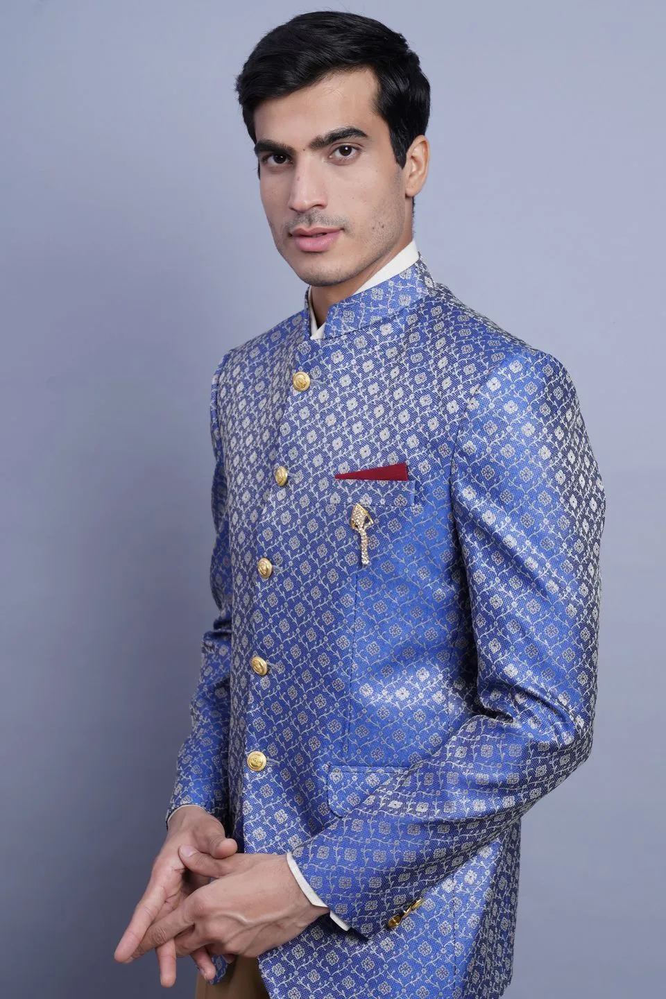 Banarasi Rayon Cotton Blue Bandhgala