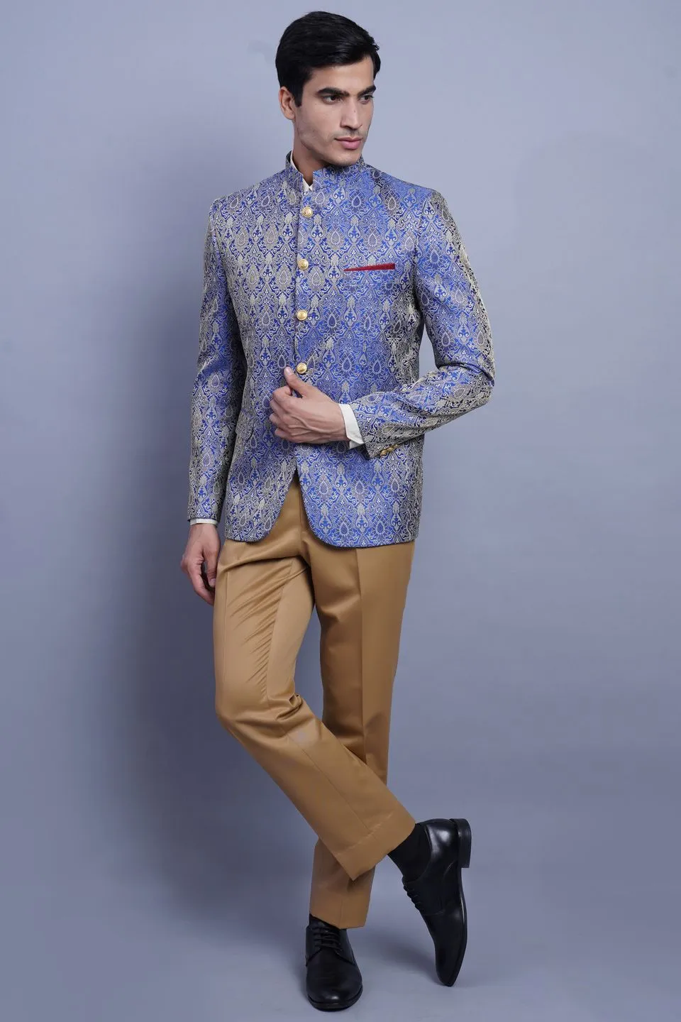 Banarasi Rayon Cotton Blue Bandhgala
