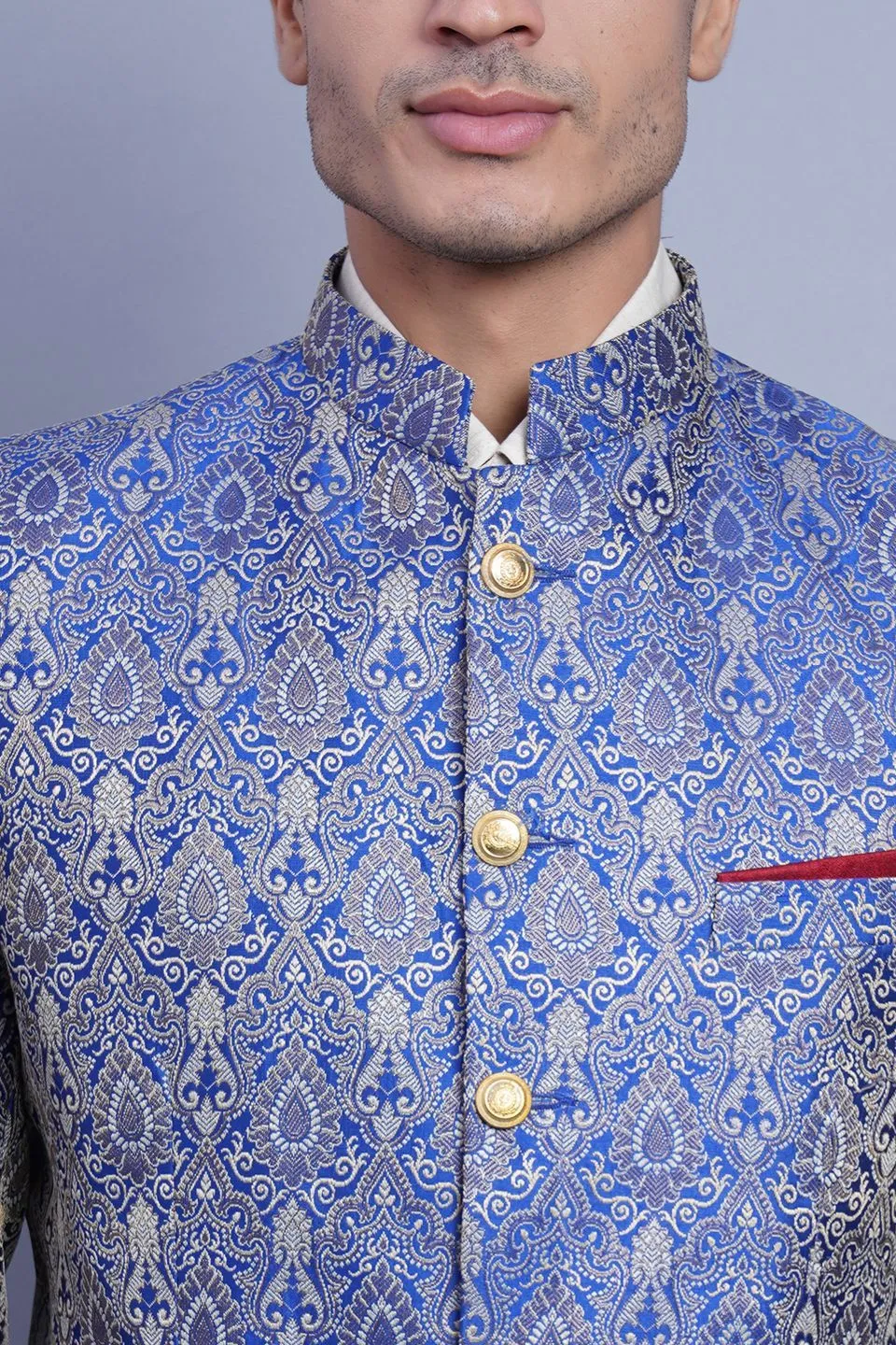 Banarasi Rayon Cotton Blue Bandhgala
