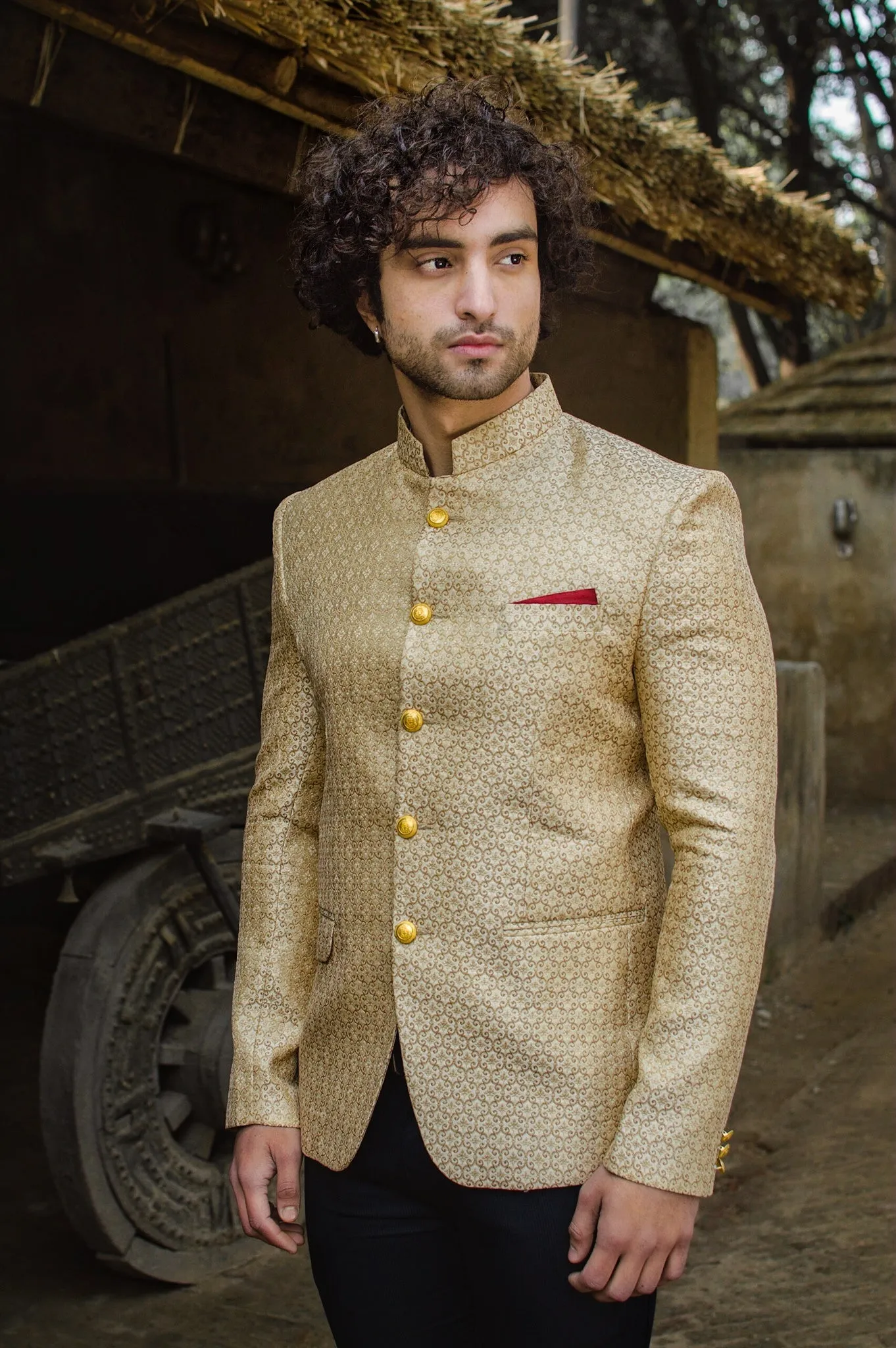 Banarasi Rayon Cotton Gold Bandhgala