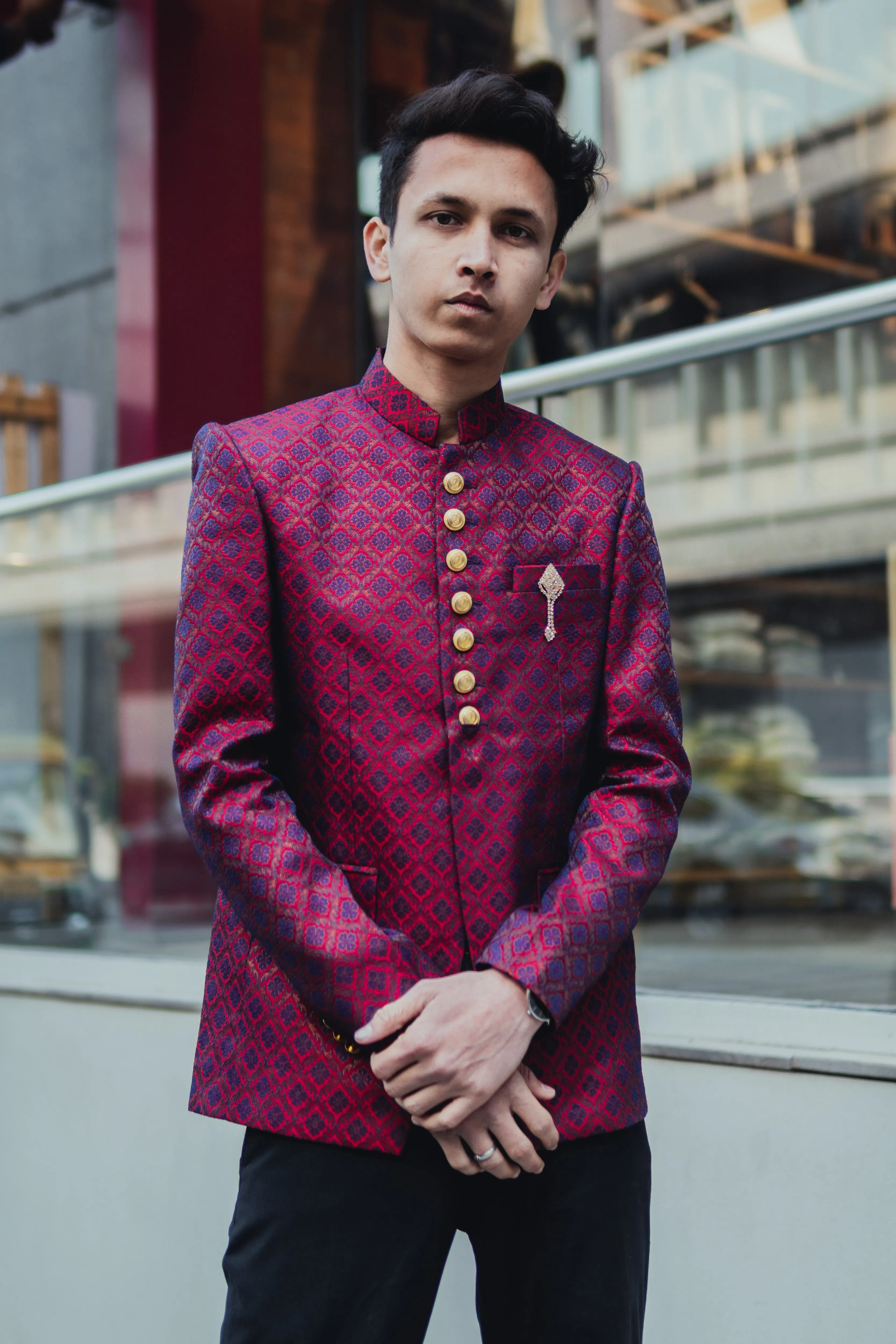Banarasi Rayon Cotton Maroon Bandhgala