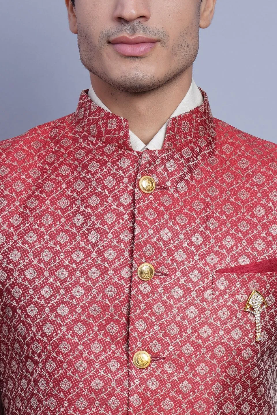 Banarasi Rayon Cotton Red Bandhgala