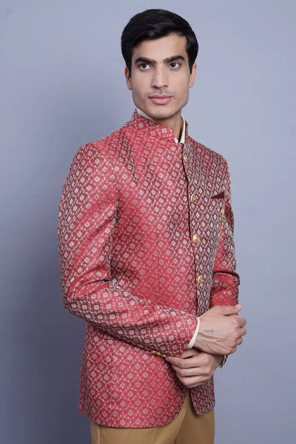 Banarasi Rayon Cotton Red Bandhgala