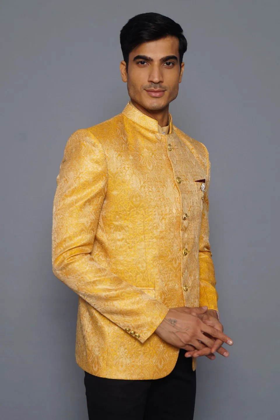 Banarasi Rayon Cotton Yellow Bandhgala