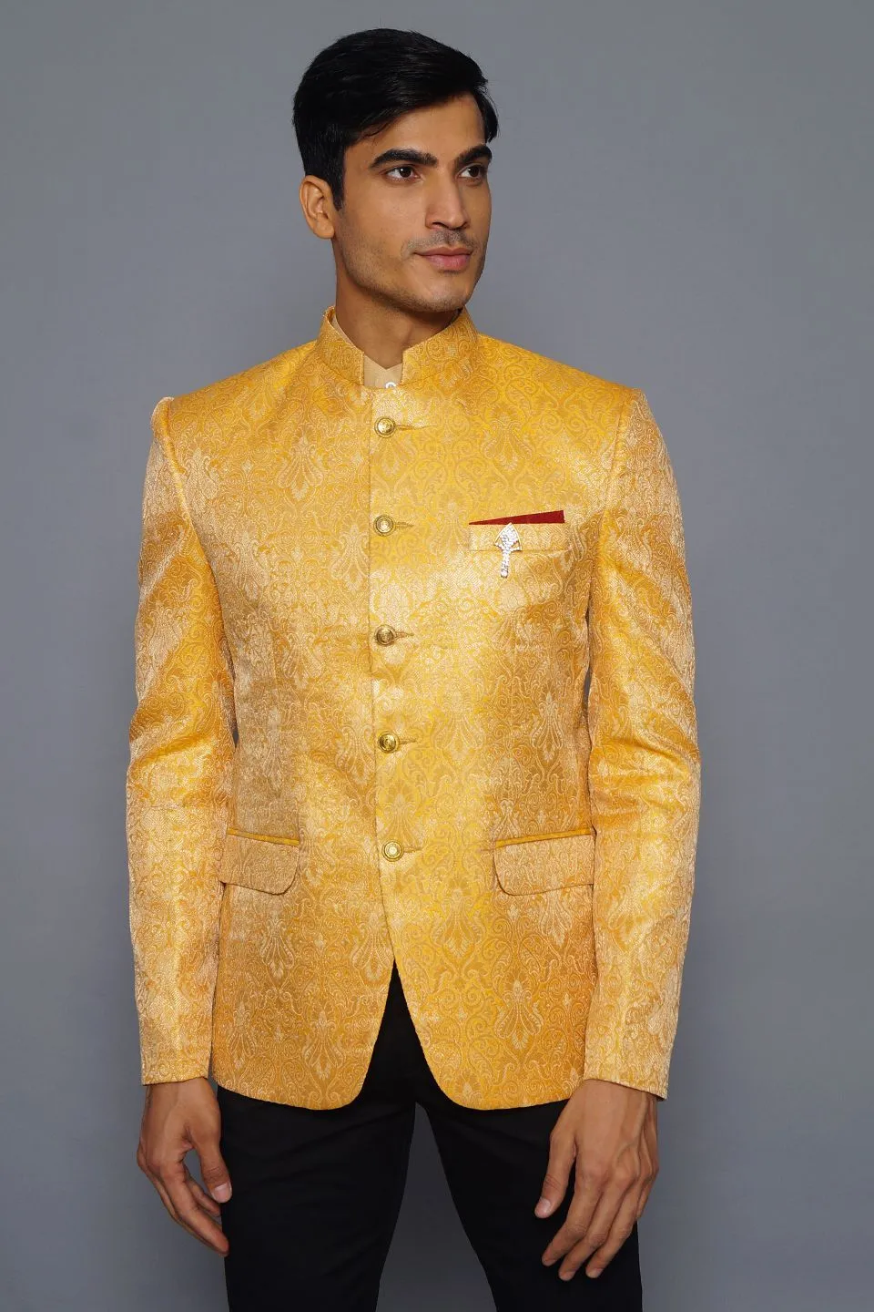 Banarasi Rayon Cotton Yellow Bandhgala