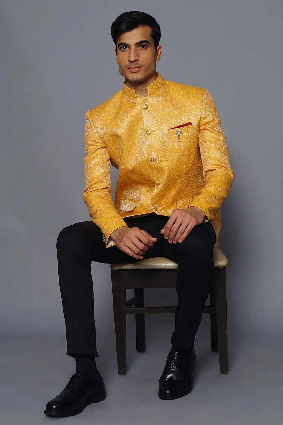 Banarasi Rayon Cotton Yellow Bandhgala