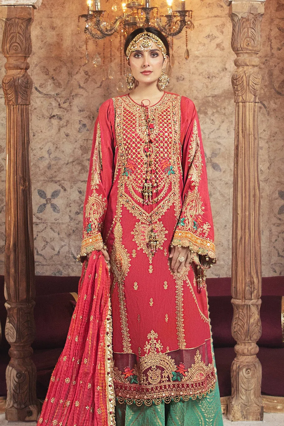 BD 2302 Aqua and Salmon Pink | Maria B Mbroidered Winter Wedding Collection 2021 | Unstitched Embroidered Suits