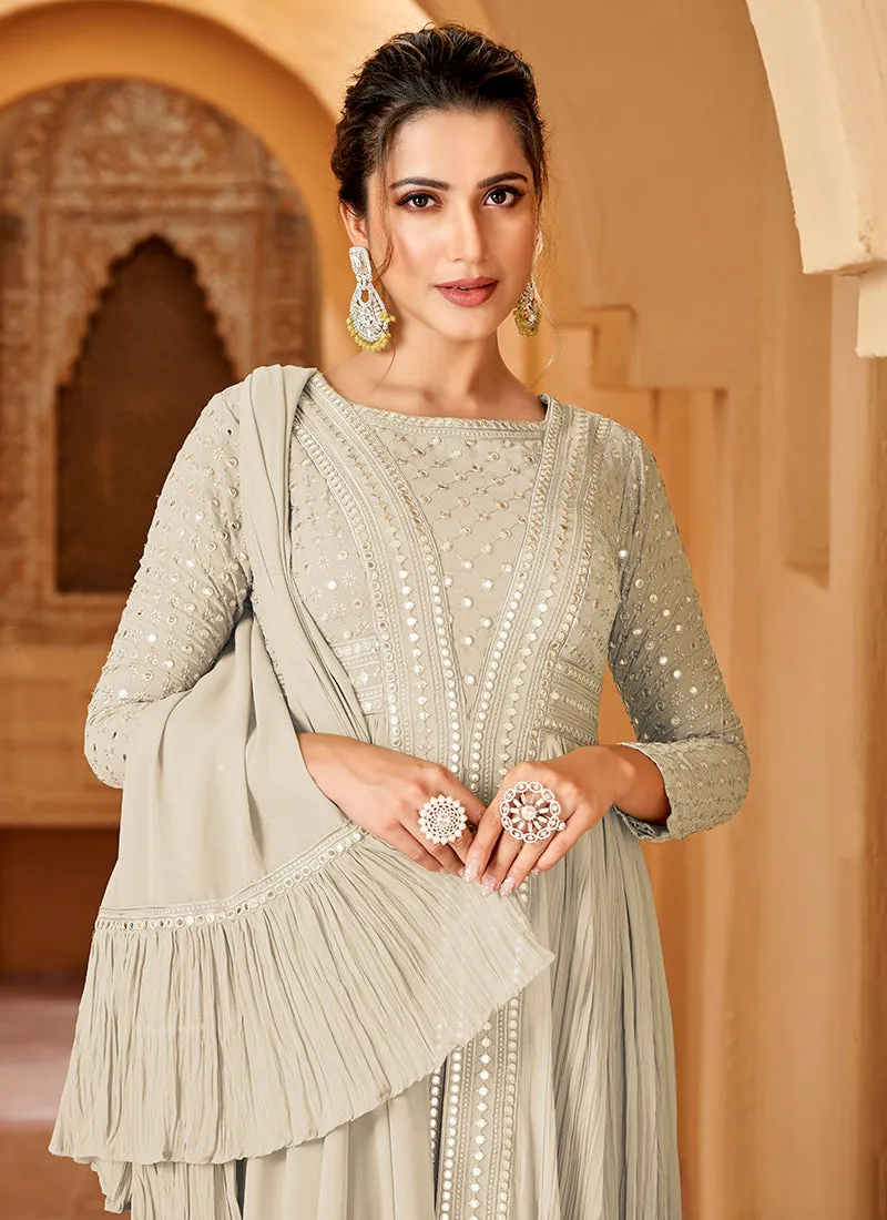 Beige Mirror Work Embroidery Slit Style Anarkali Suit