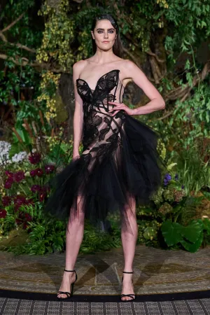 BLACK ABSTRACT TATTOO LACE TULLE APPLIQUE COCKTAIL DRESS