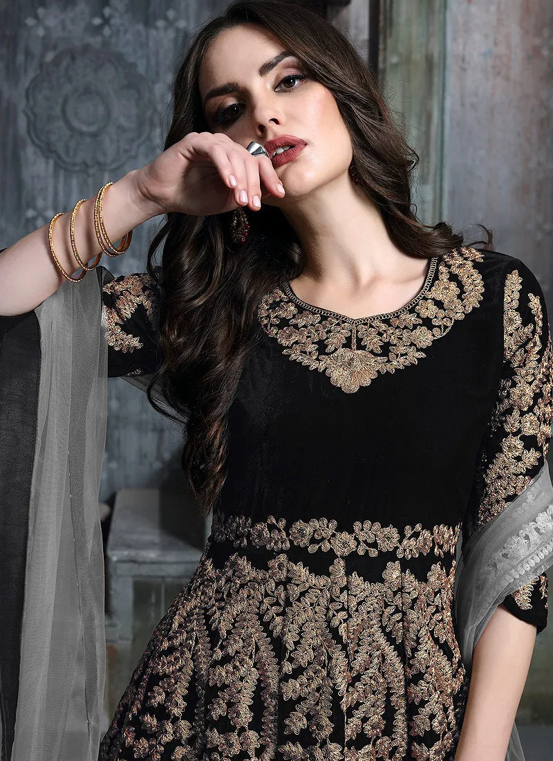 Black And Grey Embroidered Indian Anarkali Suit