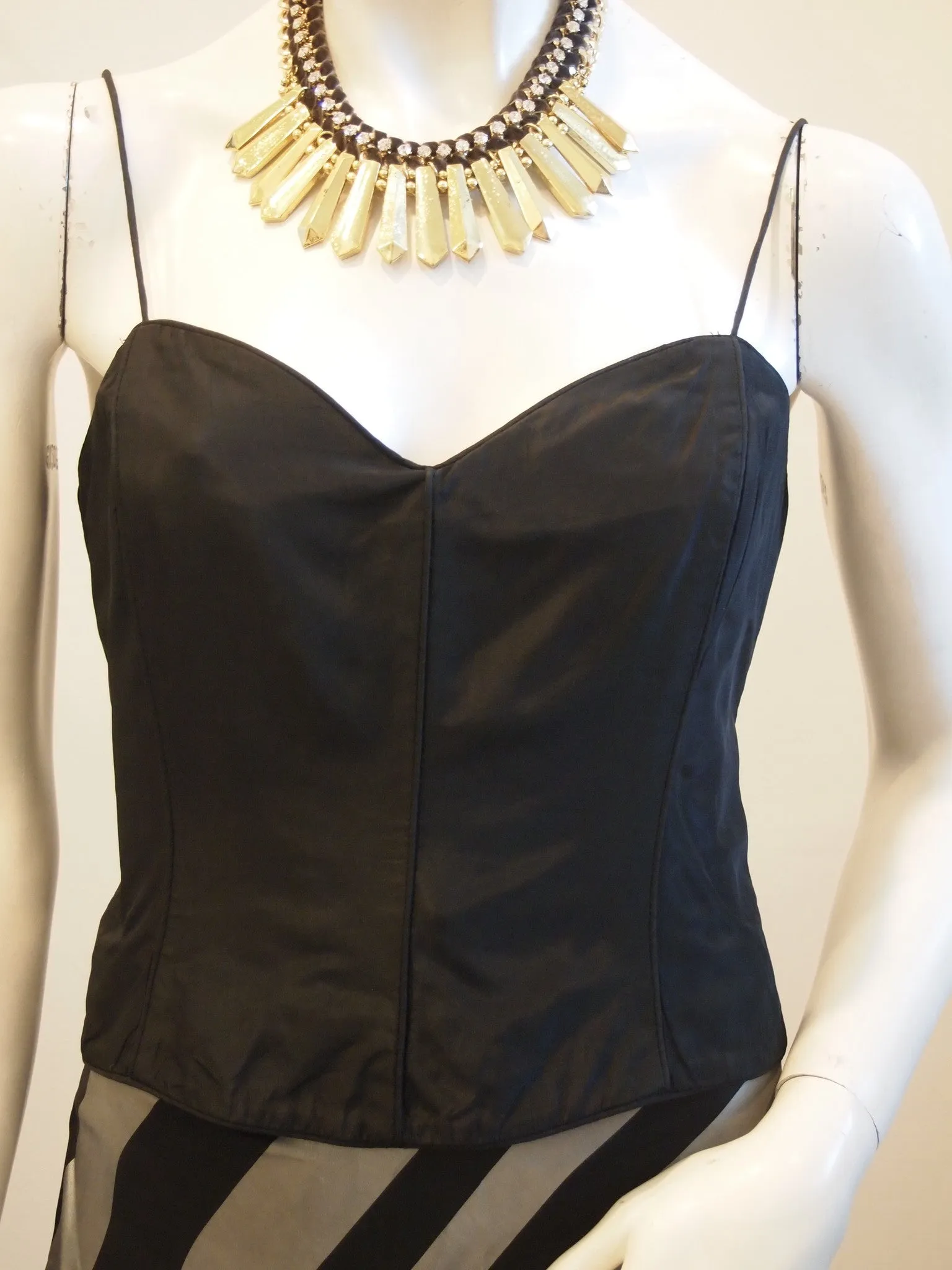 Black bustier with silver black diagonal stripe skirt