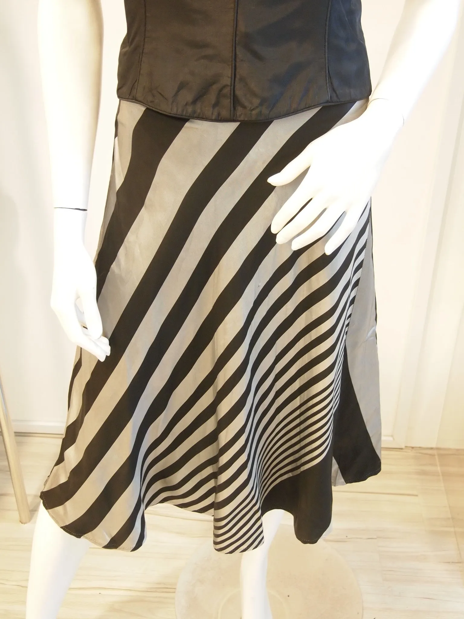 Black bustier with silver black diagonal stripe skirt