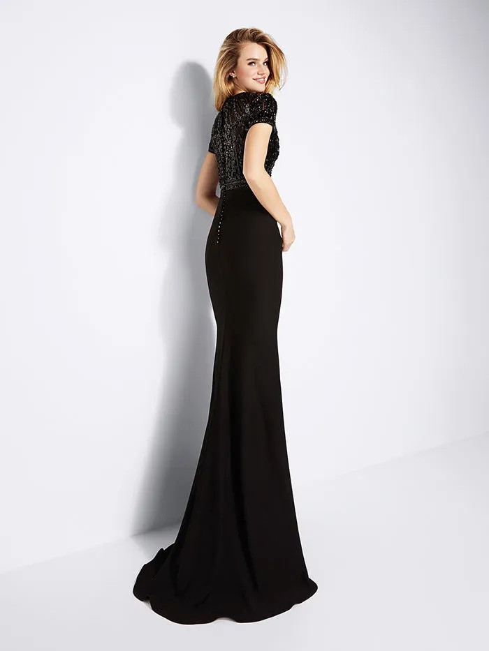 Black Evening Gowns Beaded O-Neck Short Sleeve Formal Dresses 2018