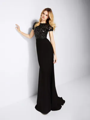 Black Evening Gowns Beaded O-Neck Short Sleeve Formal Dresses 2018