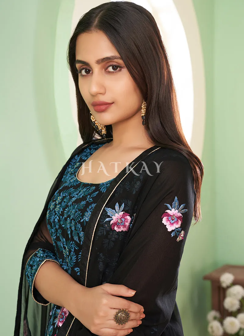 Black Multi Embroidery Georgette Palazzo Suit