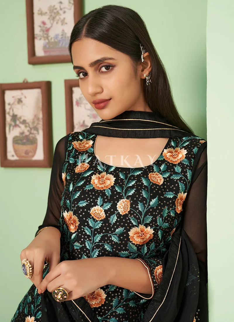 Black Multi Embroidery Georgette Palazzo Suit