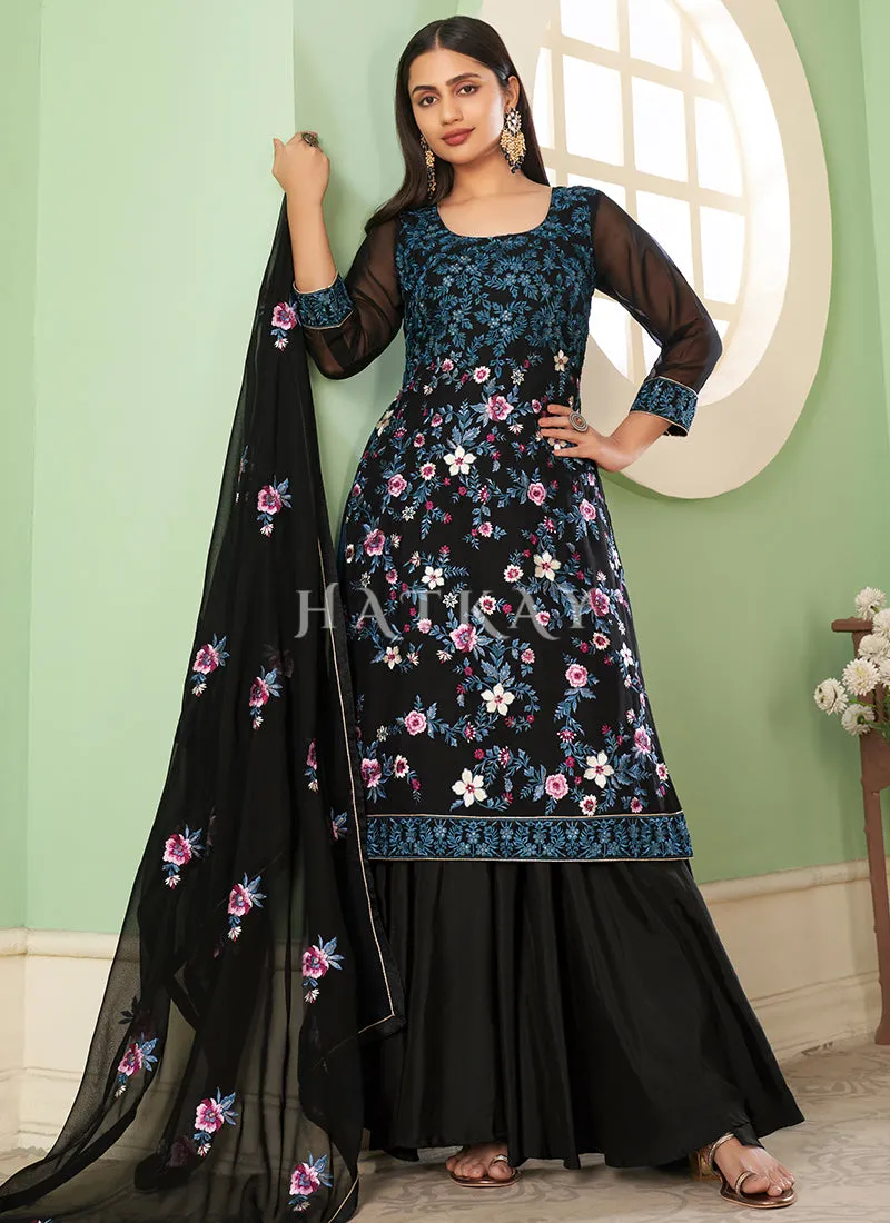 Black Multi Embroidery Georgette Palazzo Suit