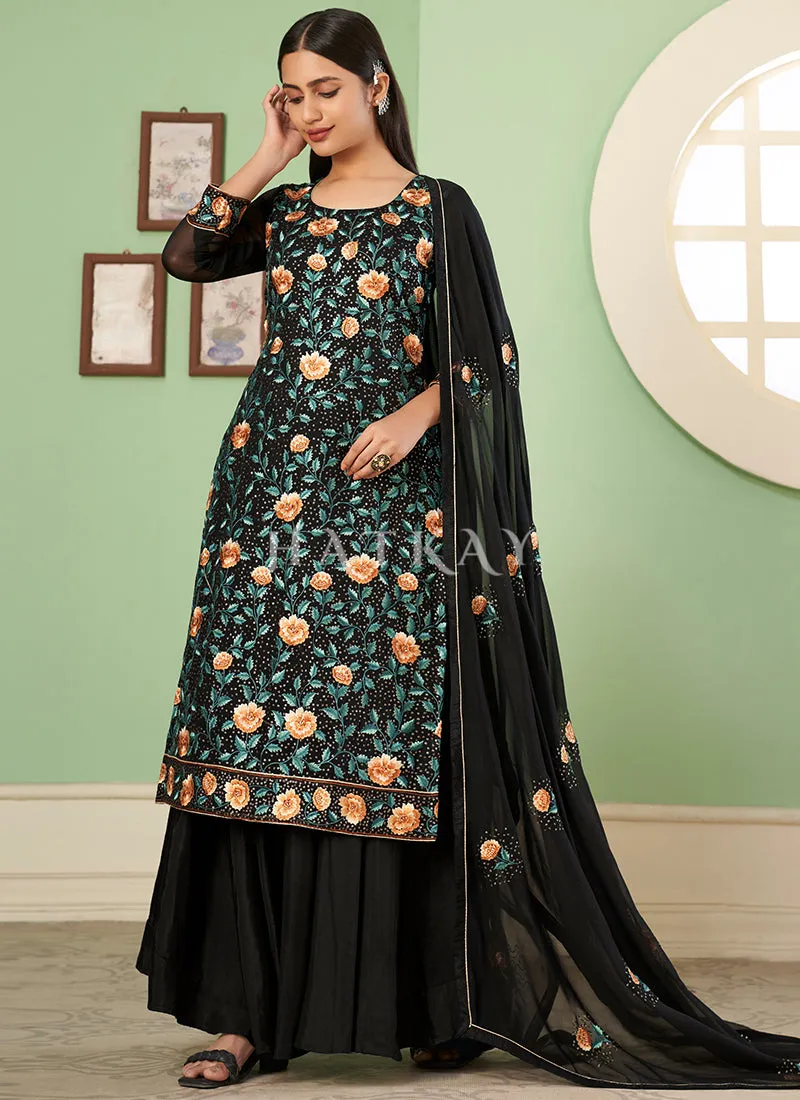 Black Multi Embroidery Georgette Palazzo Suit