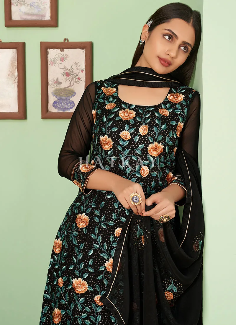 Black Multi Embroidery Georgette Palazzo Suit