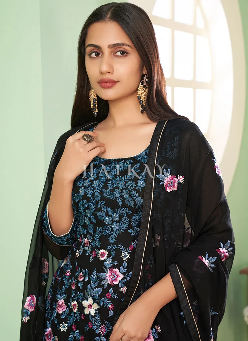 Black Multi Embroidery Georgette Palazzo Suit