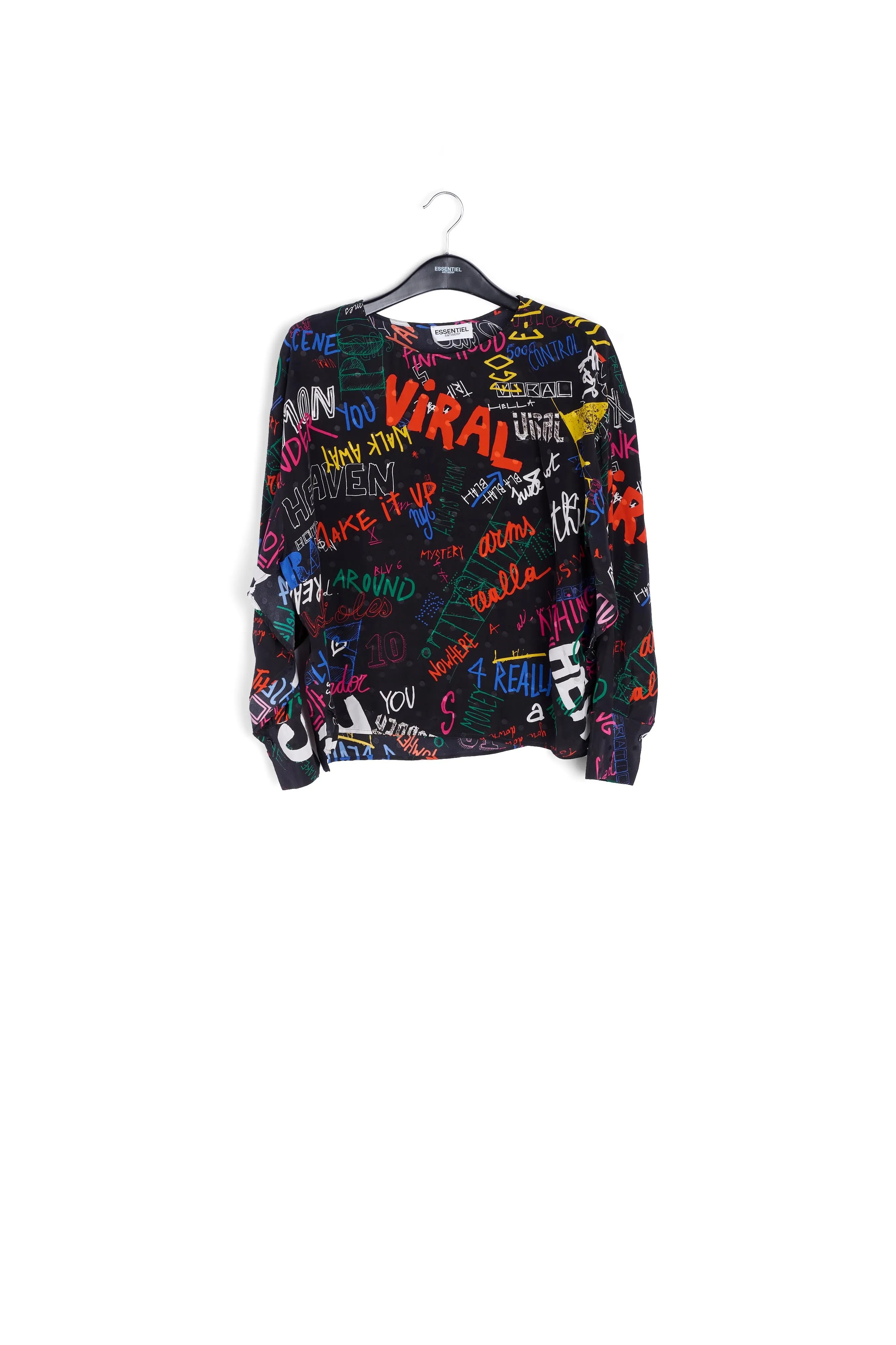 Black silk top with colorful tekst print